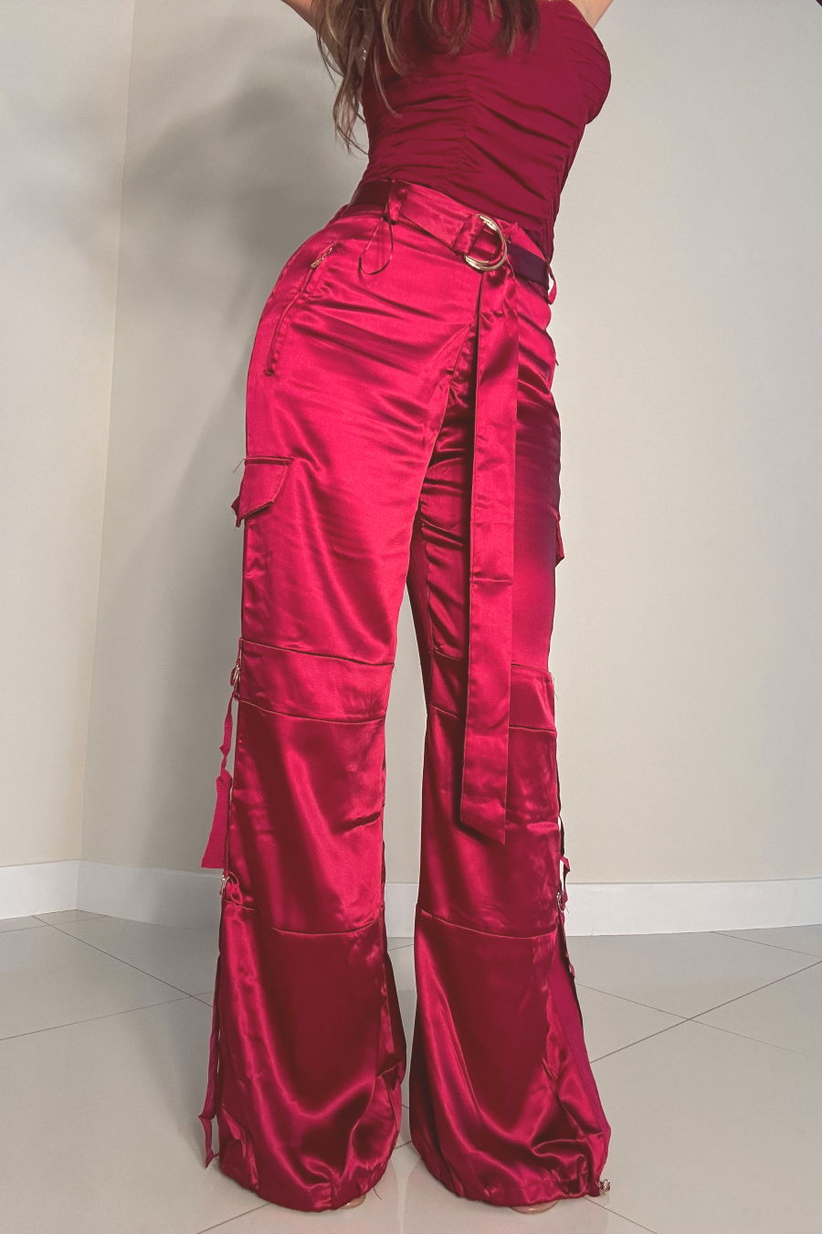 Cherry Satin Wide Leg Cargo