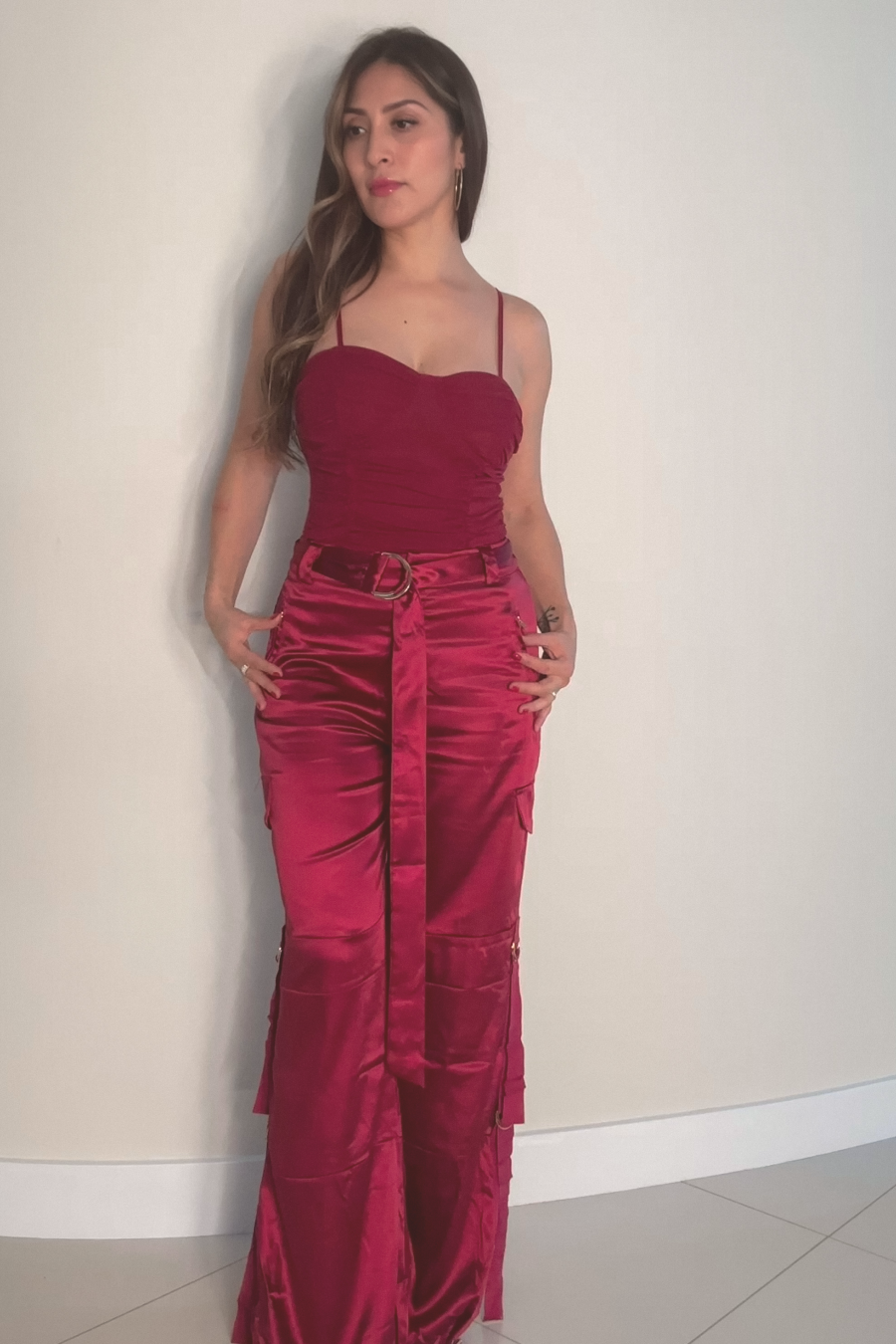 Cherry Satin Wide Leg Cargo