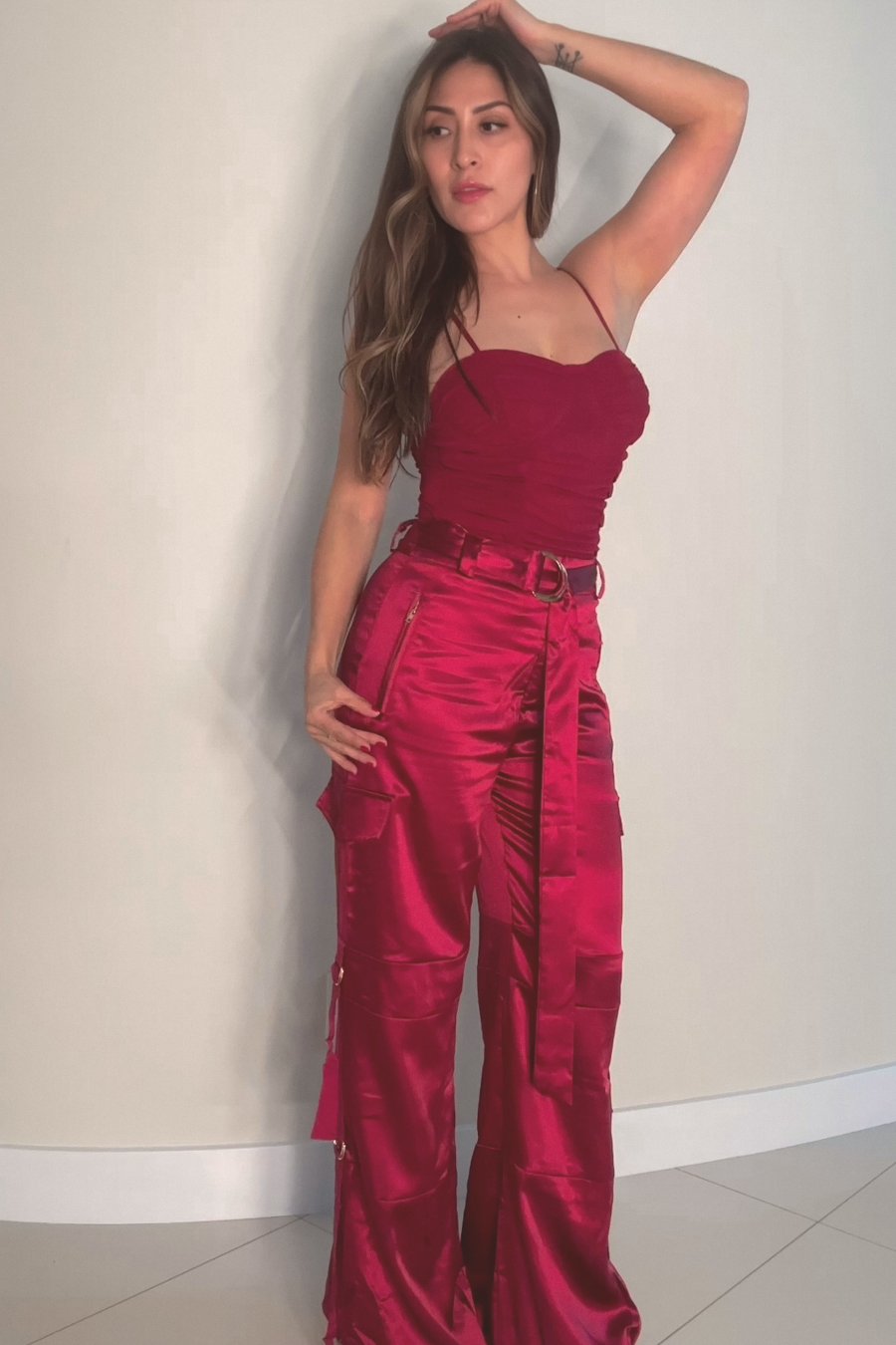 Cherry Satin Wide Leg Cargo