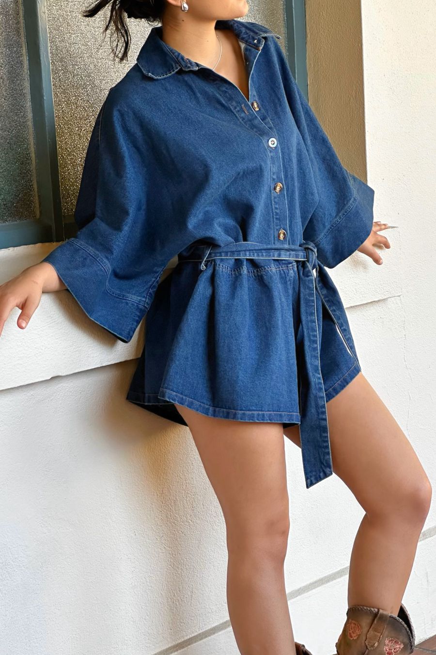 Indigo Long Sleeve Shirt Romper